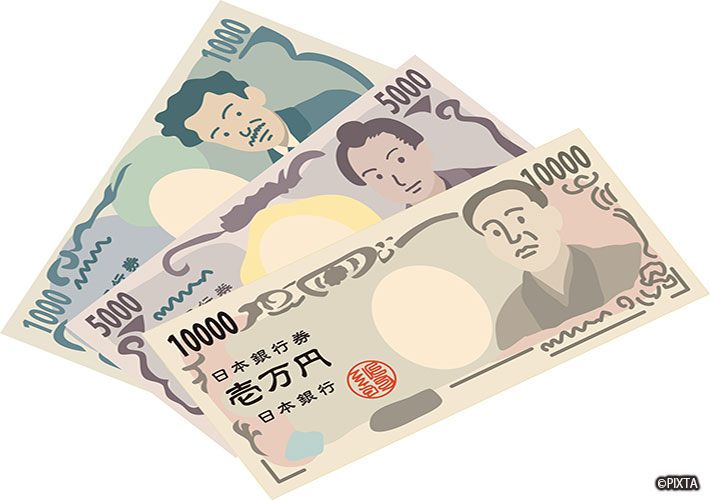 1,000、5,000和10,000日元纸币。