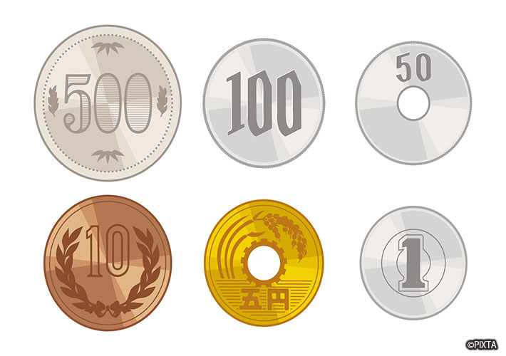 上排，從左到右：500、100和50日圓硬幣。下排，從左到右：10、5和1日圓硬幣。
