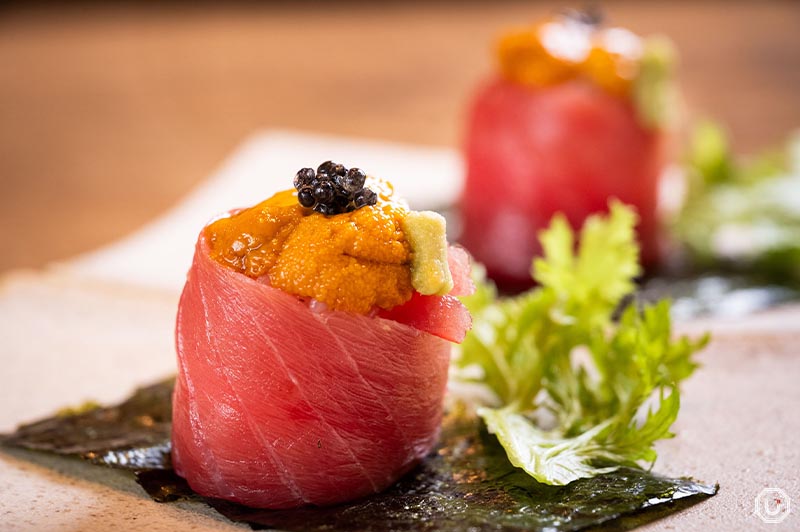Sea Urchin, Fatty Tuna and Caviar Roll 1,180 JPY apiece (tax included)