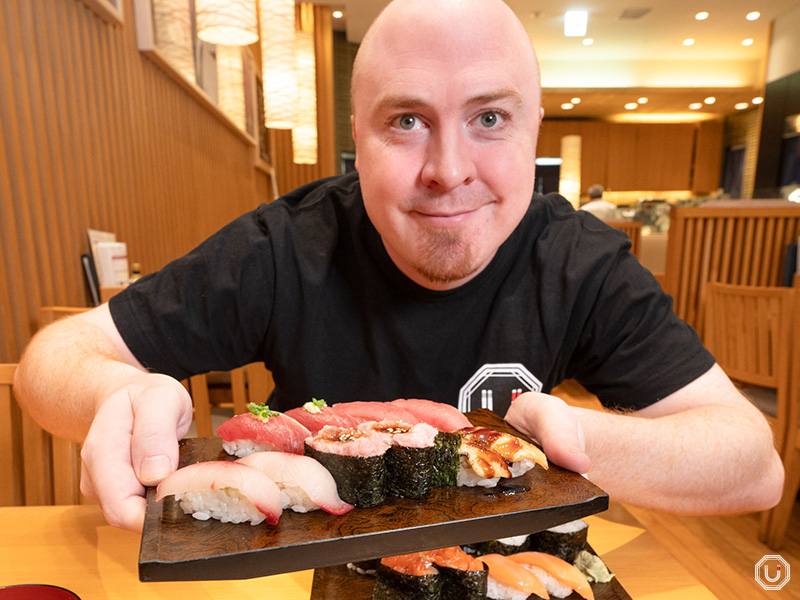 Skipjack（back left), Lean Tuna（back right) ,Young Yellowtail (front left) ,Maguro Tartare (front center),Conger Eel (front right)