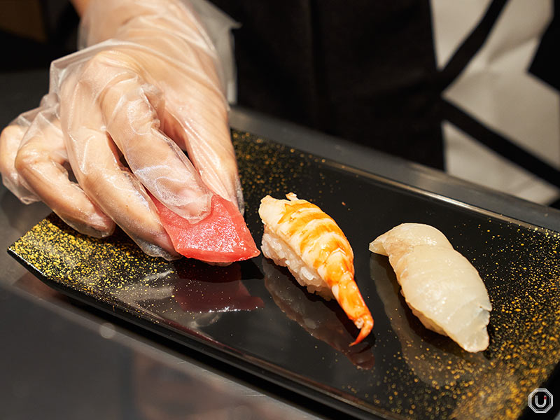 Photo of sushi prepared at a food stall at Kura Sushi in Ginza