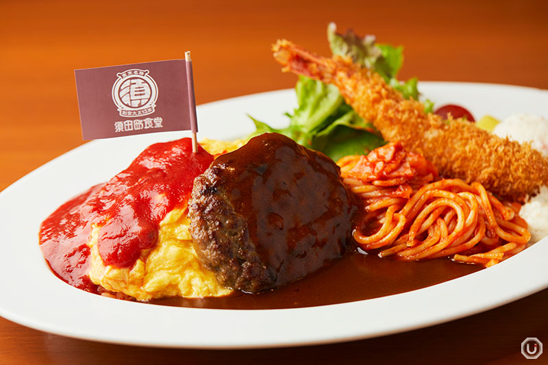 Kids plate for adults with omurice, hamburger steak, and fried shrimp at Sudacho Shokudo Akihabara UDX