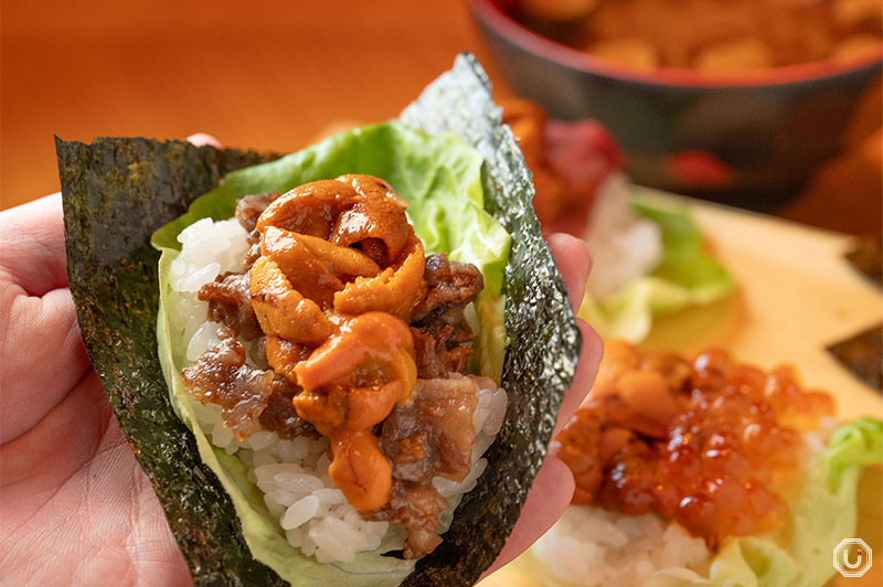 Uni hand roll sushi at Gonpachi NORI-TEMAKI Harajuku