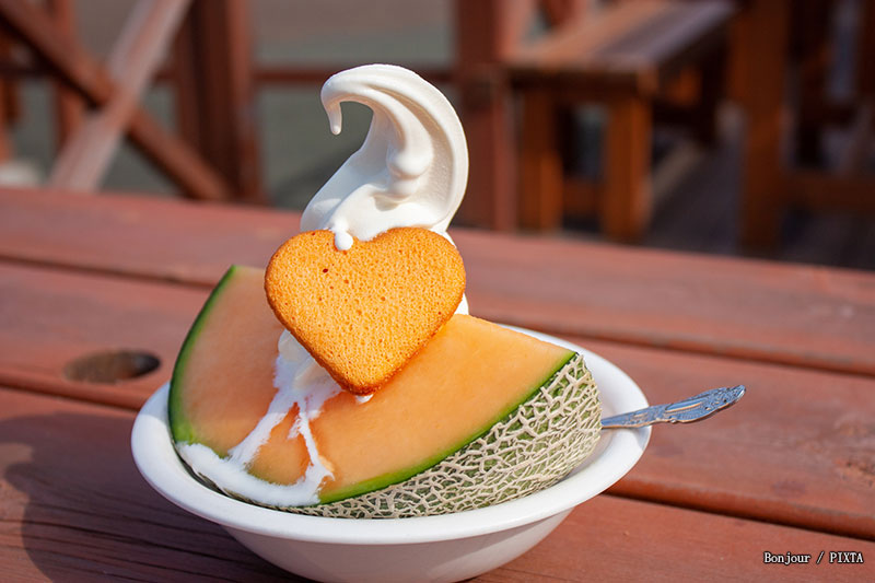 Soft-serve ice cream and melon from Hokkaido