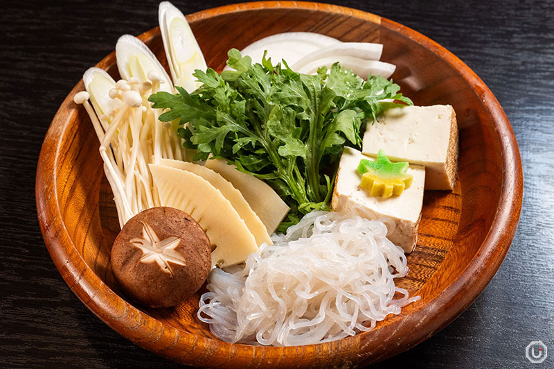 Assorted vegetables in the Kuroge Wagyu Sukiyaki Kaiseki at Kioichō Kichiza