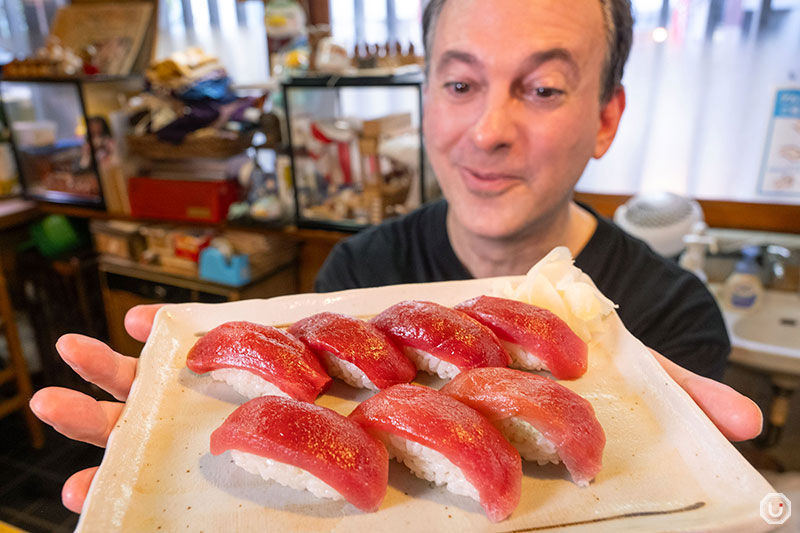 tuna nigiri platter at Tsunesushi in Asakusa