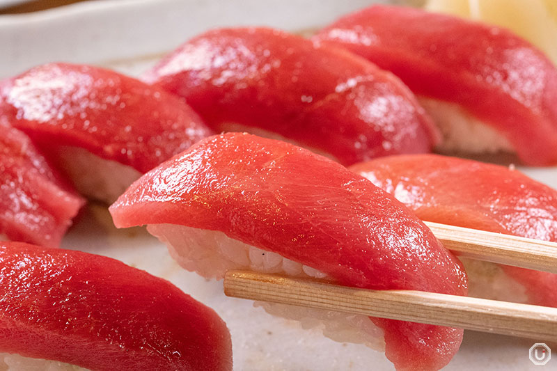 tuna nigiri platter at Tsunesushi in Asakusa