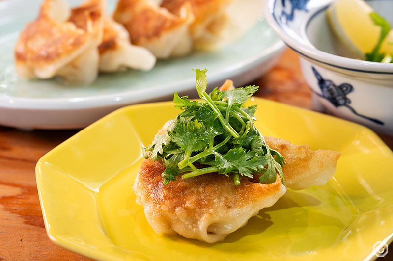 Shrimp Gyoza topped with cilantro at KITTAN GYOZA