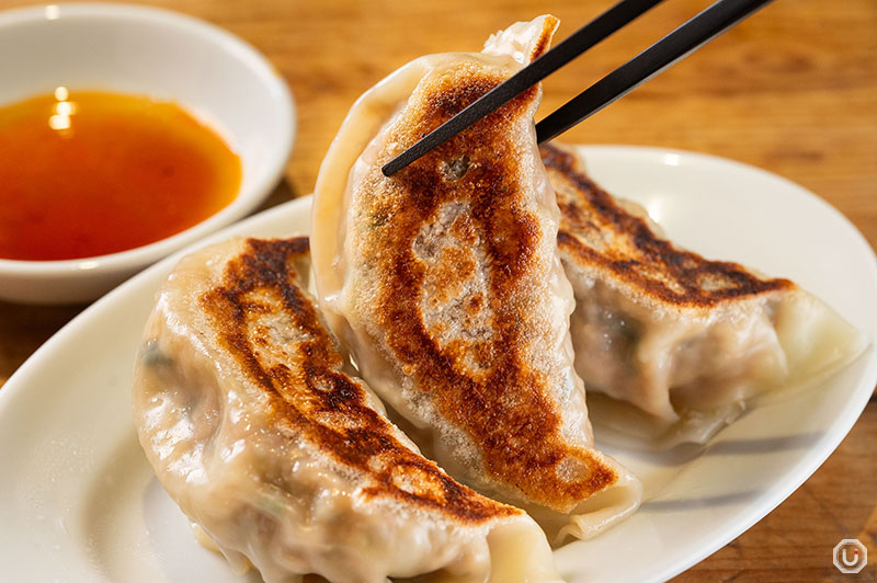 Large Gyoza Dumplings served with a side of dipping sauce