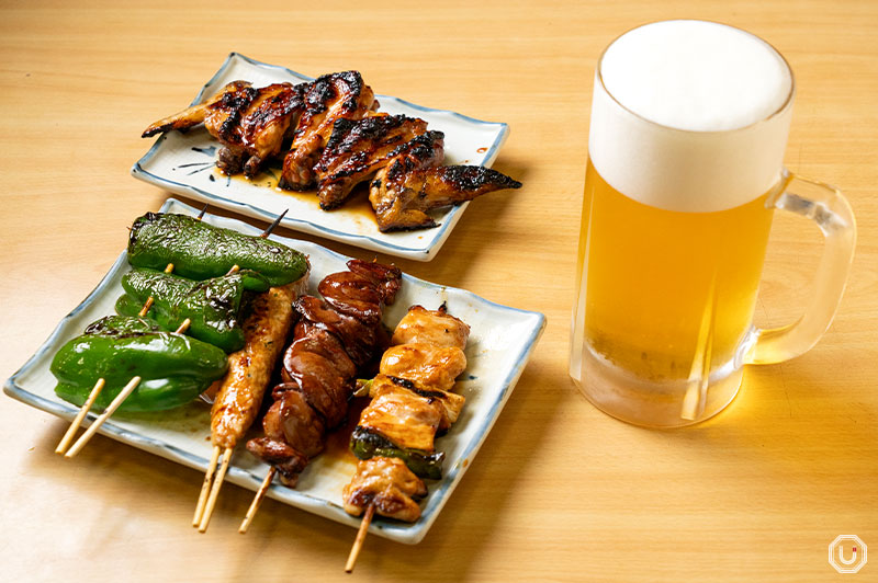 yakitori and beer at toriakte