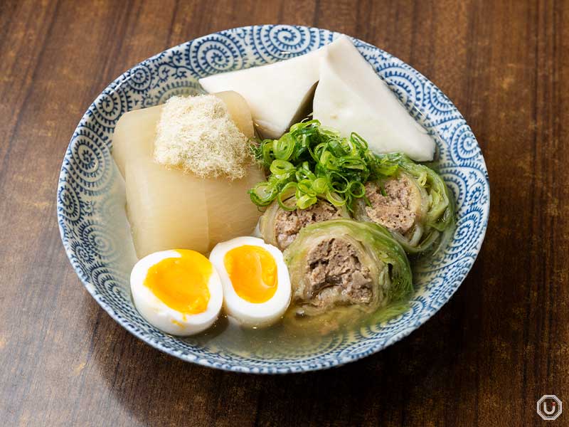 Hanpen, daikon, egg, rolled cabbage