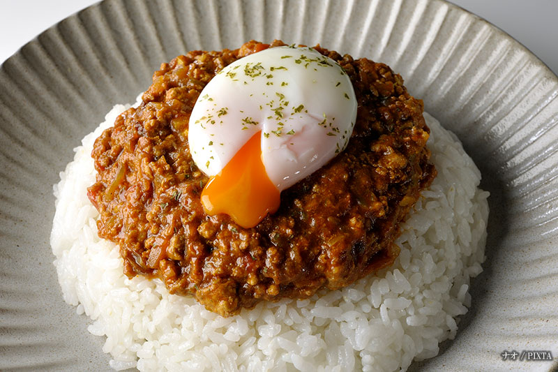keema curry with onsen tamago topping