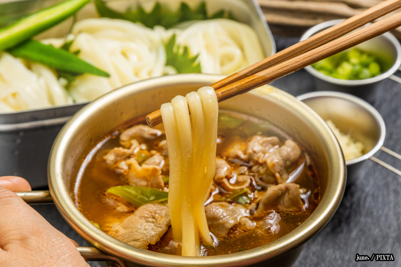 eating a bowl of meat udon