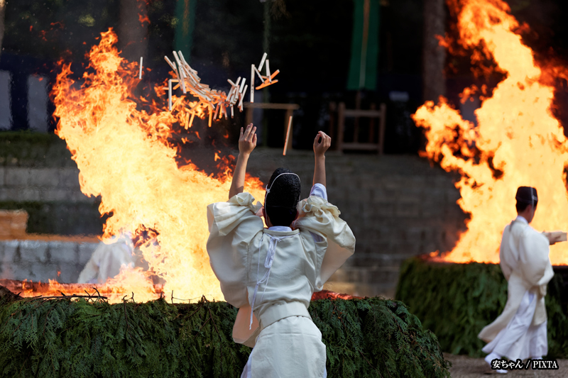 Shinto priests during a fire ritual at Fushimi Inari Taisha Shrine in Kyoto