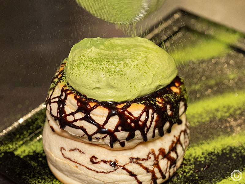 Gluten free matcha and strawberry pancakes at Riz Labo Kitchen
