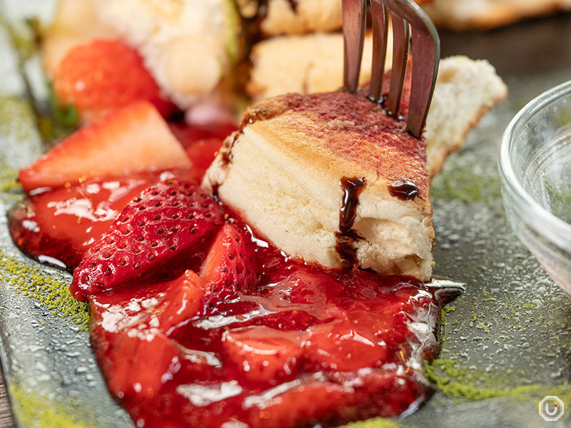 Gluten free matcha and strawberry pancakes at Riz Labo Kitchen