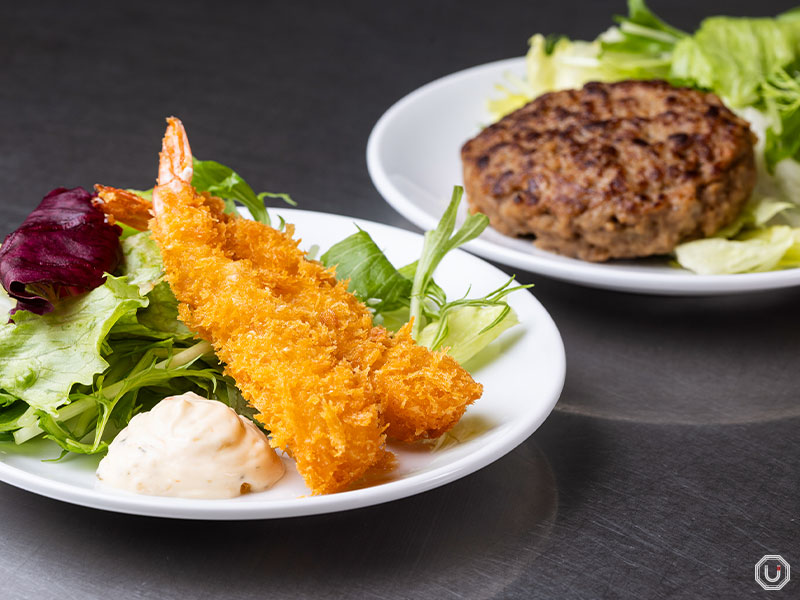 Fried shrimp and hamburger steak at Tamago Kitchen Harajuku Omu width=