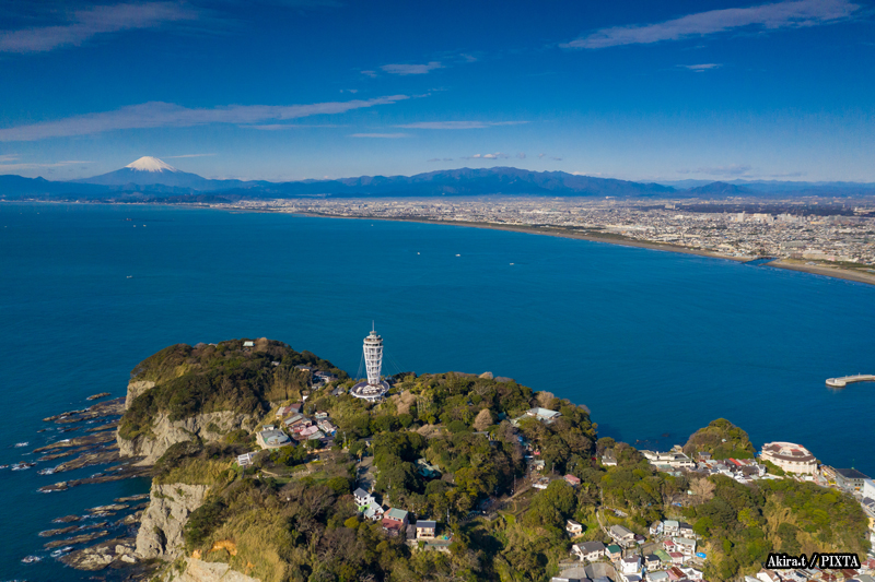 aerial view of Enoshima Island with Mount Fuji in the background