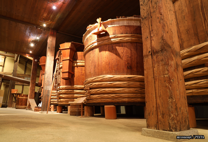 wooden vats at a Japanese sake brewery