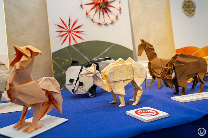 Origami pieces displayed at the Origami Kaikan