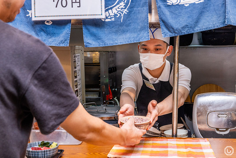 Rice and miso soup counter at Okachimachi Komachi Shokudo in Ueno