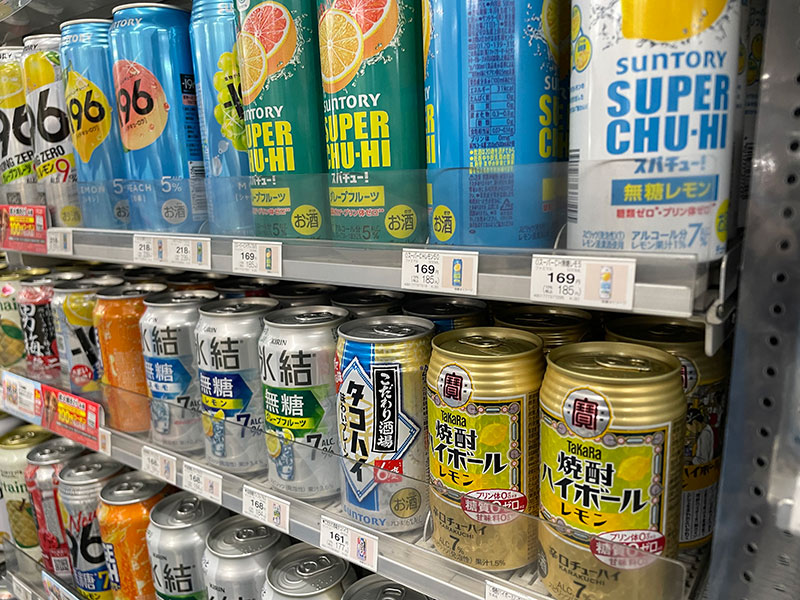 Various alcoholic beverages available at Japanese convenience stores